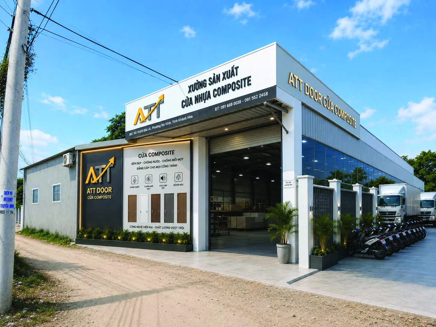 Nhà xưởng cửa nhựa composite với biển hiệu ATT Door và xe đậu phía trước