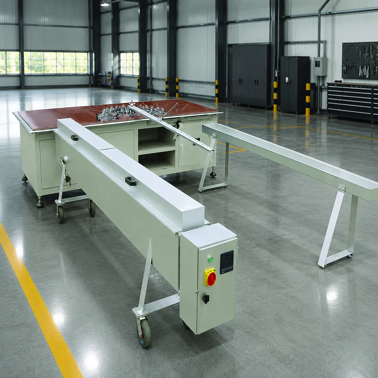 Bàn máy khung trắng trong nhà xưởng